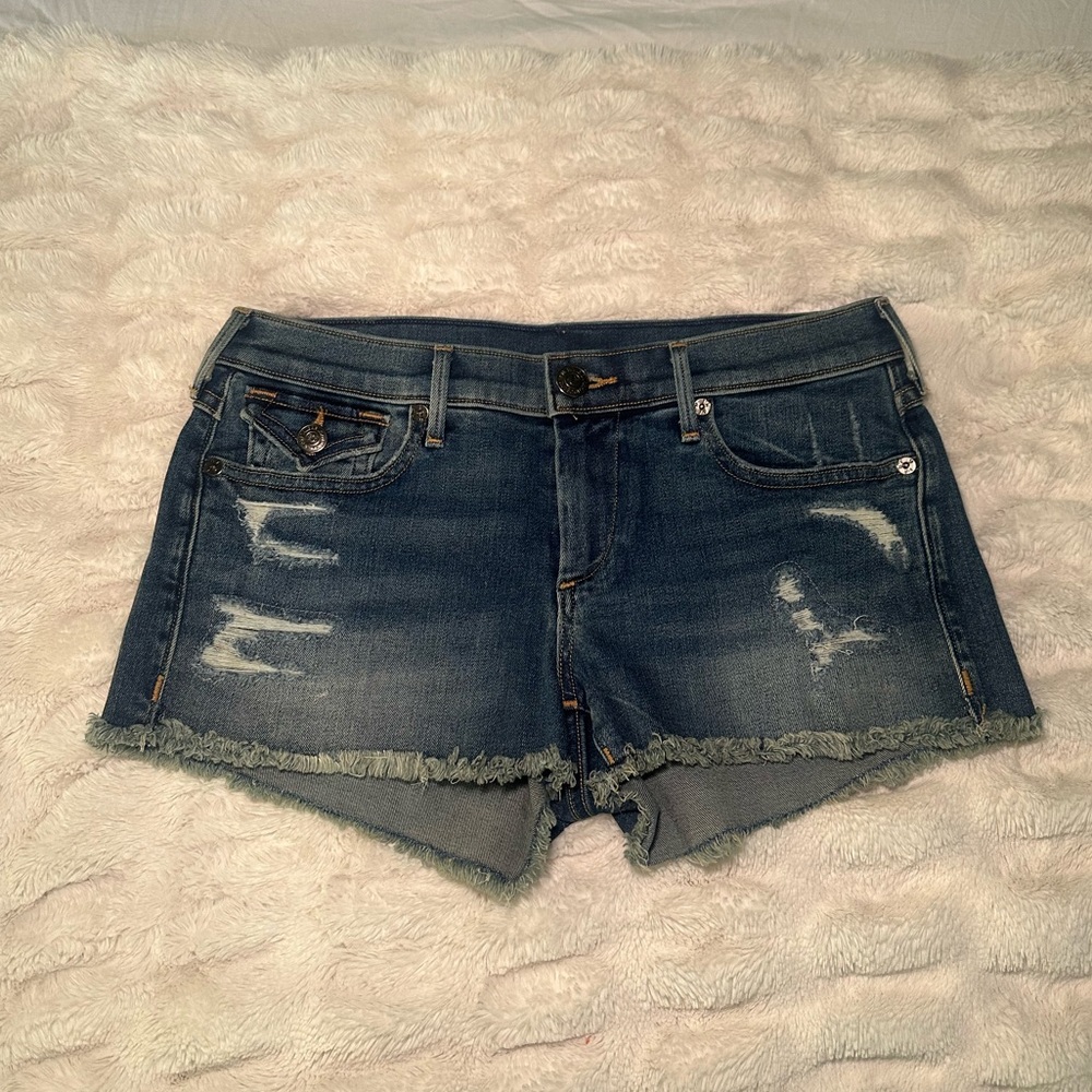 True Religion Cutoff Jean Shorts | Distressed Mid-Rise Size 28